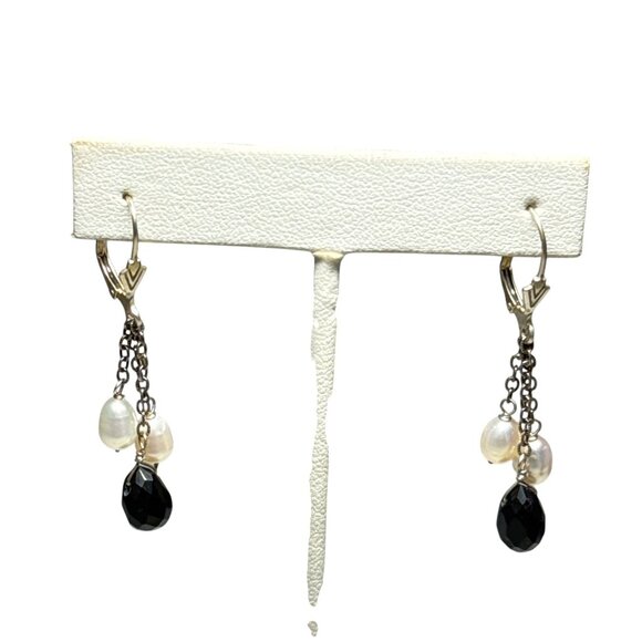 Sterling Silver Dangle Earrings Black Onyx Teardrop Freshwater Pearl Drop - Picture 4 of 6